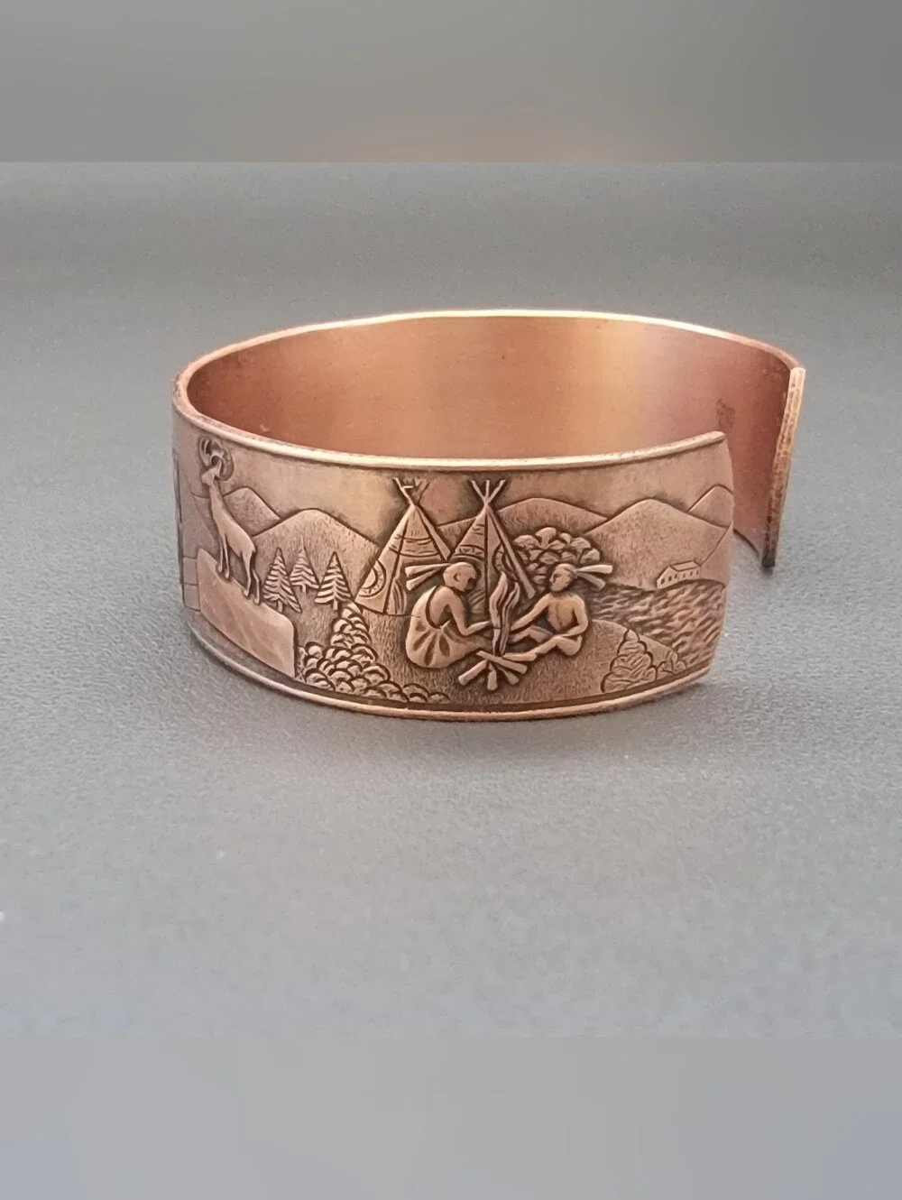 Vintage Solid Copper Mohawk Trail Scenic Cuff Bracelet Native American Mountain